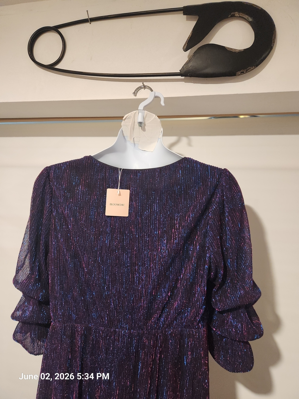 BloomChic Iridescent Purple Midi Dress with Puff Sleeves - Picture 4 of 7